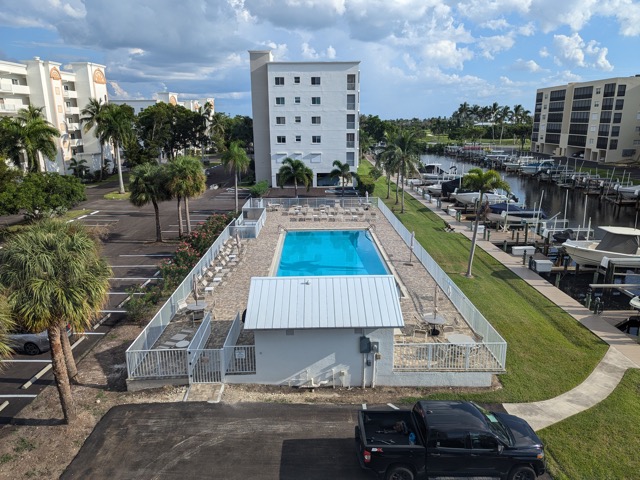 Community pool and marina from above